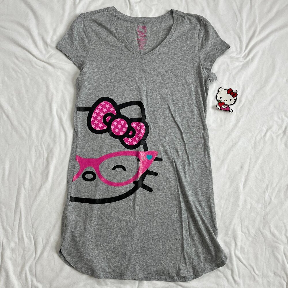 Sanrio Hello Kitty Gray Women's Large Sleepwear Nightgown Pink Glasses